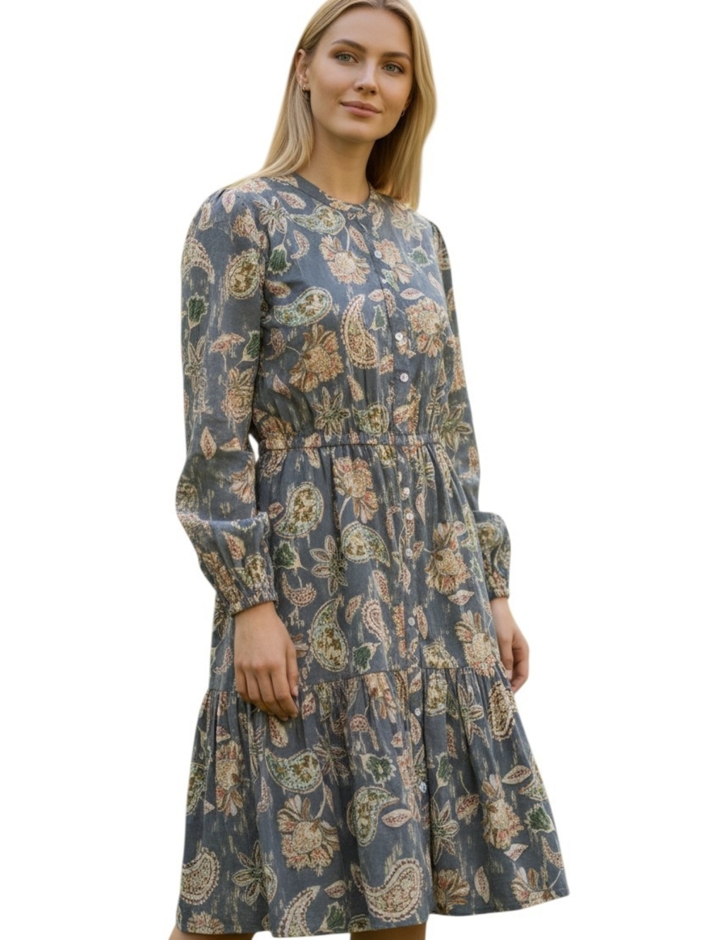 BISHOP + YOUNG Blue Paisley Metallic  Shimmered Tiered  Dress Size Medium